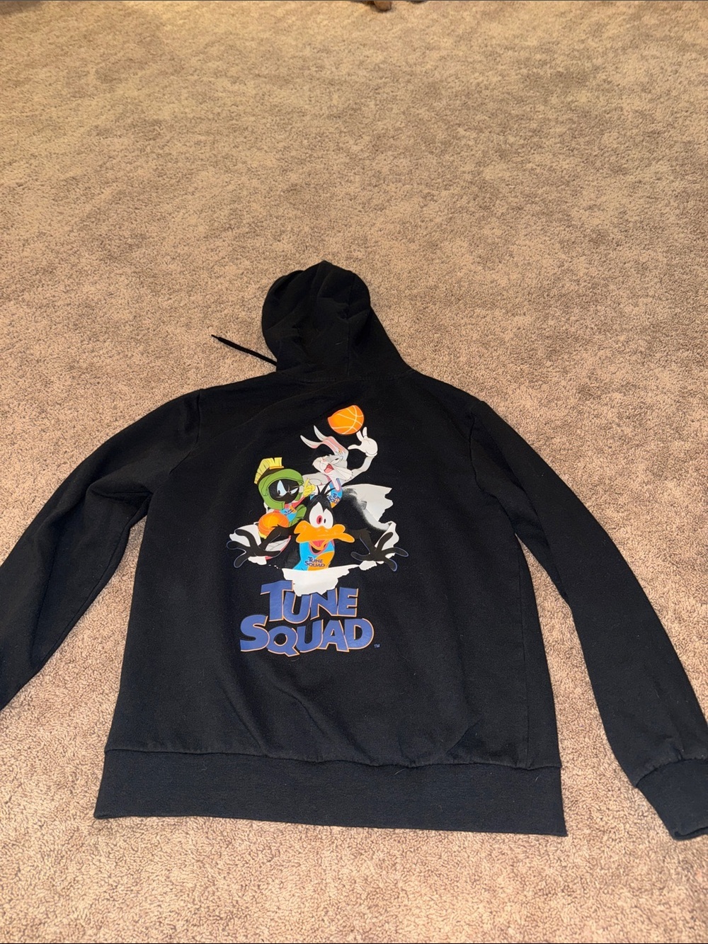 Space Jams Looney Tunes Black Tune Squad Hoodie with Small Cartoon Graphic SZ LG